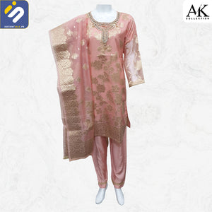 Jacquard Fabric Embroidered Stitched 3 Piece Suit, Peach AK Collection