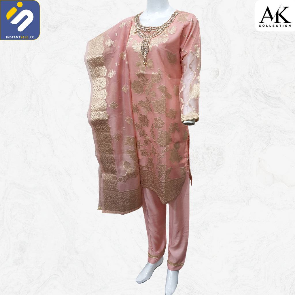 Jacquard Fabric Embroidered Stitched 3 Piece Suit, Peach AK Collection