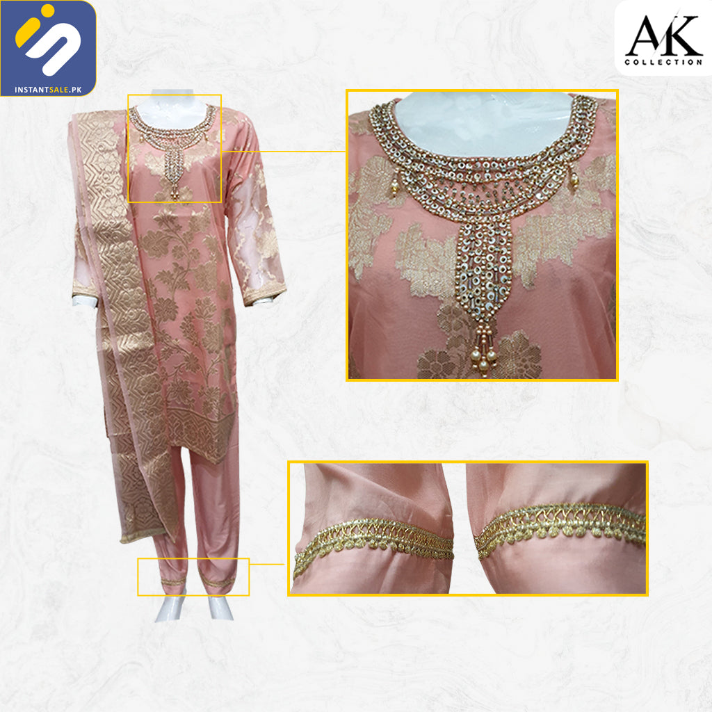 Jacquard Fabric Embroidered Stitched 3 Piece Suit, Peach AK Collection