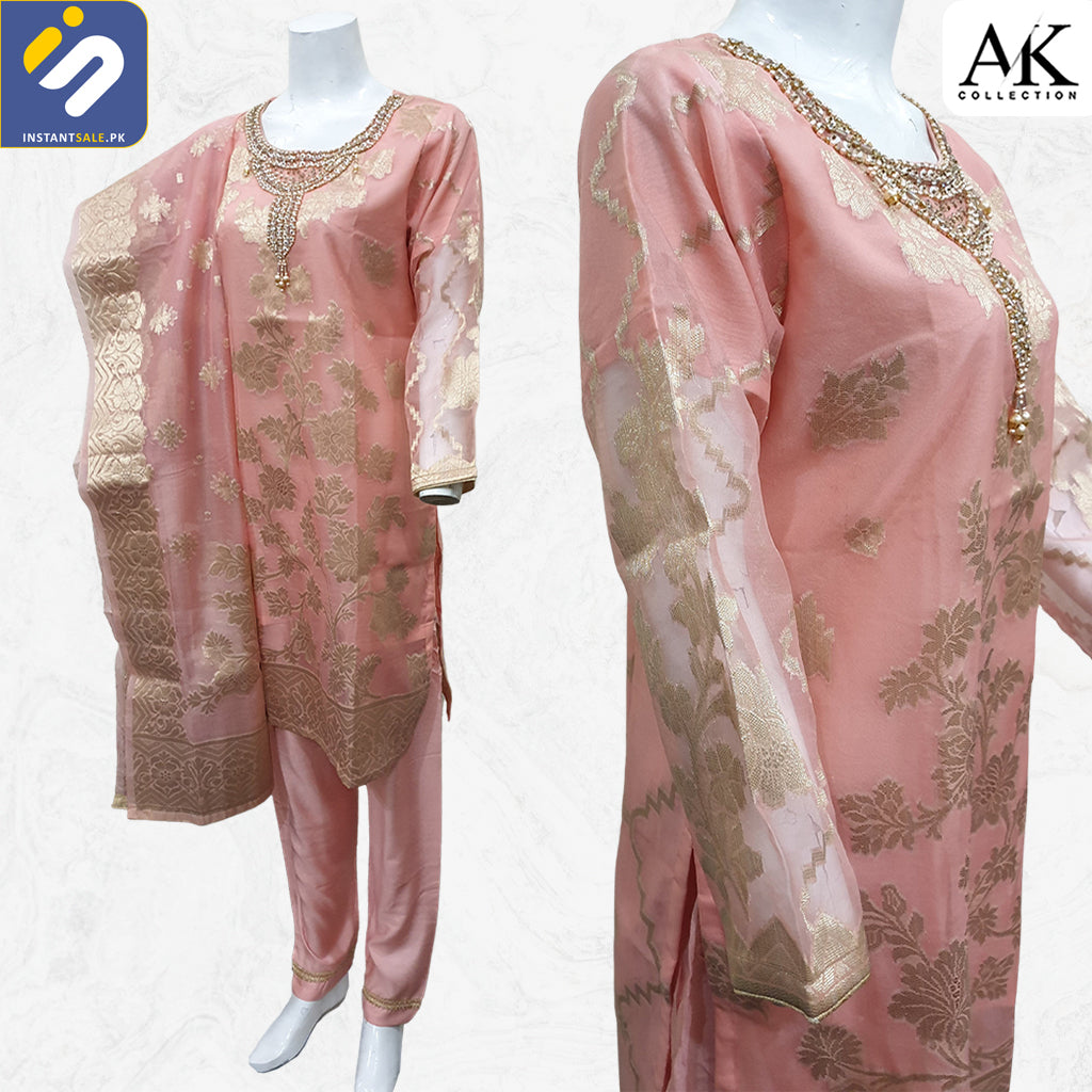 Jacquard Fabric Embroidered Stitched 3 Piece Suit, Peach AK Collection