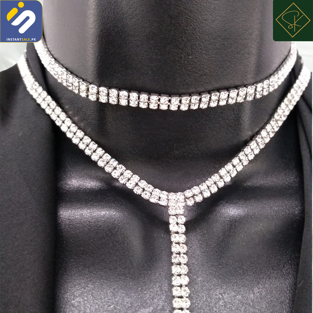 InstantSale | SK IMPORTED SILVER CRYSTAL DIAMANTE RHINESTONE CHAIN DOUBLE LAYER NECKLACE CHOKER NECKLACE JEWELRY LONG TASSEL CHOKER CRYSTAL COLLAR PARTYWARE JEWERLY FASHION | Pakistan