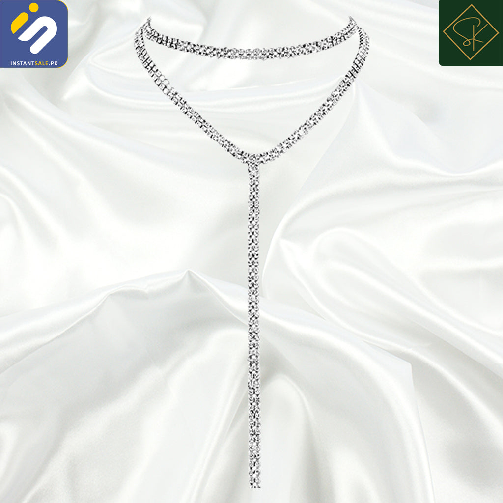 InstantSale | SK IMPORTED SILVER CRYSTAL DIAMANTE RHINESTONE CHAIN DOUBLE LAYER NECKLACE CHOKER NECKLACE JEWELRY LONG TASSEL CHOKER CRYSTAL COLLAR PARTYWARE JEWERLY FASHION | Pakistan