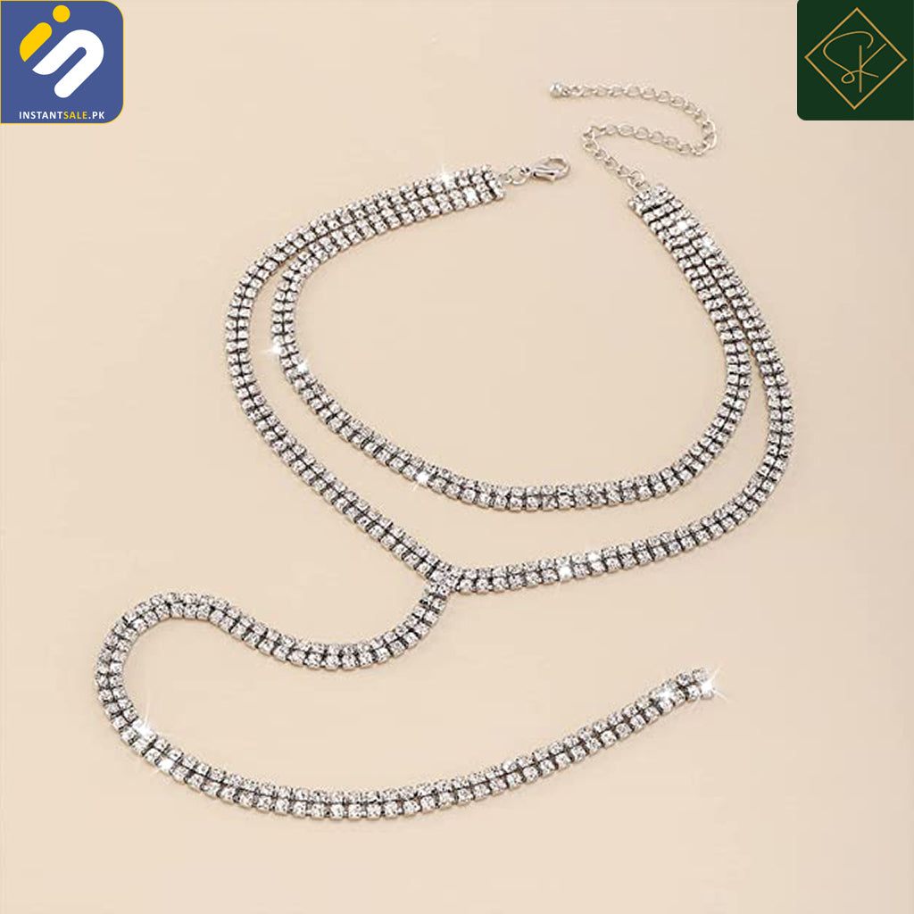 InstantSale | SK IMPORTED SILVER CRYSTAL DIAMANTE RHINESTONE CHAIN DOUBLE LAYER NECKLACE CHOKER NECKLACE JEWELRY LONG TASSEL CHOKER CRYSTAL COLLAR PARTYWARE JEWERLY FASHION | Pakistan