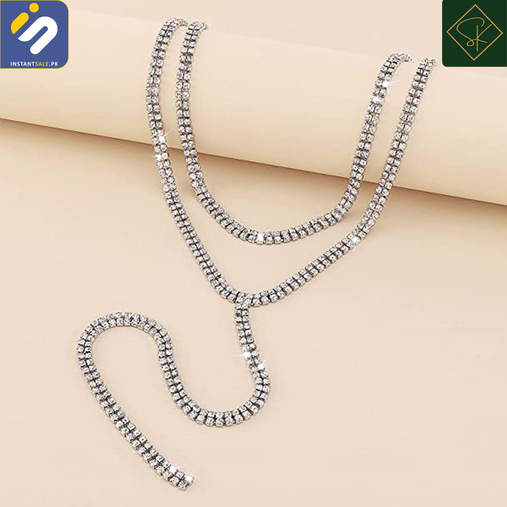 InstantSale | SK IMPORTED SILVER CRYSTAL DIAMANTE RHINESTONE CHAIN DOUBLE LAYER NECKLACE CHOKER NECKLACE JEWELRY LONG TASSEL CHOKER CRYSTAL COLLAR PARTYWARE JEWERLY FASHION | Pakistan