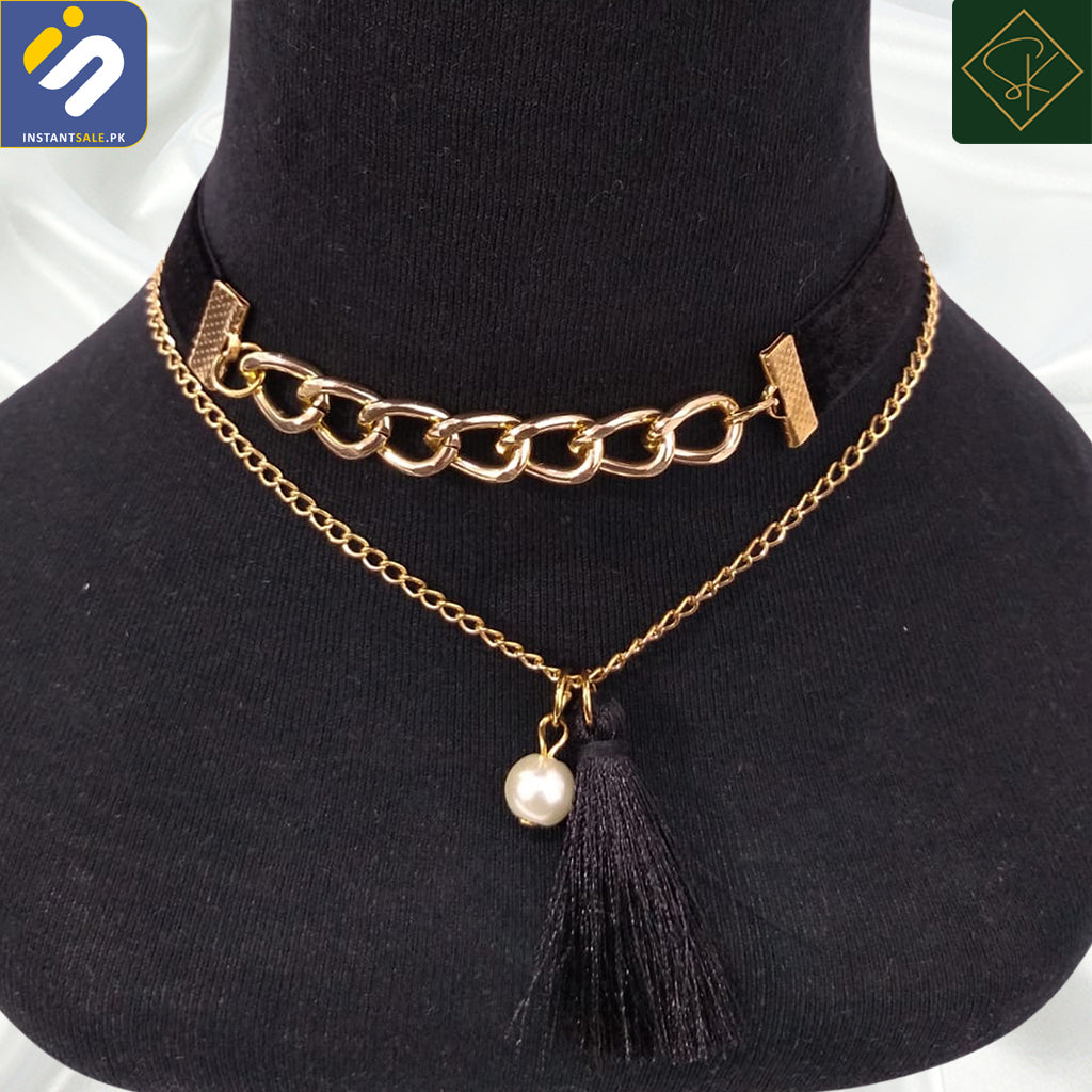 InstantSale.pk | SK IMPORTED BLACK VELOUR CORD GOLD TONE CHAIN WITH TASSEL CHOKER NECKLACE, J304 PAKISTAN