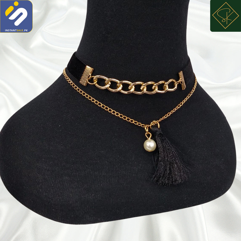 InstantSale.pk | SK IMPORTED BLACK VELOUR CORD GOLD TONE CHAIN WITH TASSEL CHOKER NECKLACE, J304 PAKISTAN