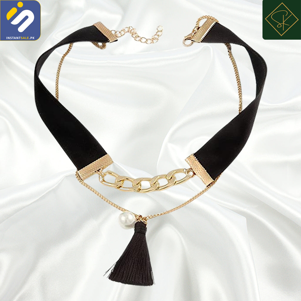 InstantSale.pk | SK IMPORTED BLACK VELOUR CORD GOLD TONE CHAIN WITH TASSEL CHOKER NECKLACE, J304 PAKISTAN