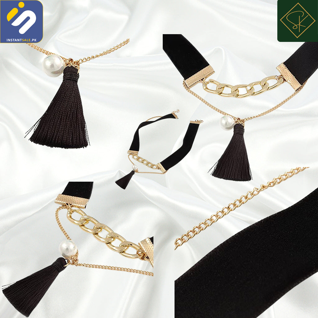 InstantSale.pk | SK IMPORTED BLACK VELOUR CORD GOLD TONE CHAIN WITH TASSEL CHOKER NECKLACE, J304 PAKISTAN