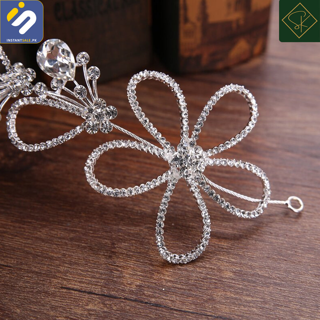 InstantSale.pk | SK Imported Crown Wedding Hair Trendy Silver Color Flower Rhinestone Crystal Wedding Headband Hairpins Bridal Tiara Women Hair Jewelry Wedding Hair Accessories