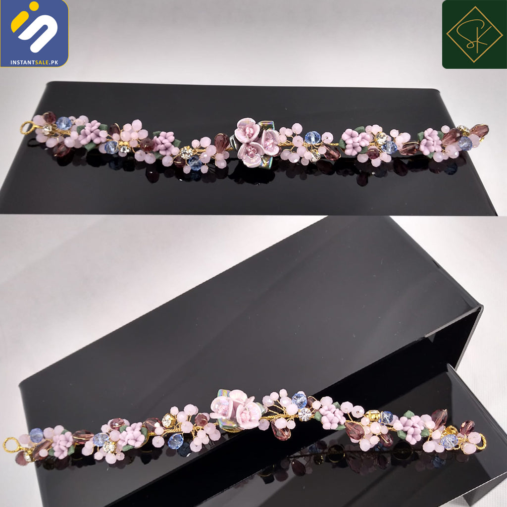 inSTANTSALE.PK SK Imported Elegant Bridal Wedding Hair Crystal Pearl Multicolor Flowers Girl Hijab Headband Ribbon Headpiece Hair Jewelry Accessories