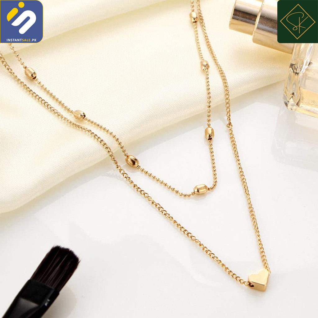 InstantSale | SK Imported Golden Layered Choker Necklace Delicate Bar Pendant Necklace Gold Heart Double Chain Jewellry for Women, J303, Pakistan