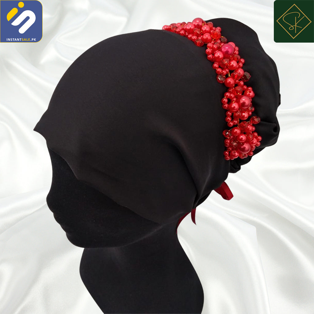 InstantSale.pk | SK Imported Red Elegant Bridal Wedding Hair Accessories Crystal Pearl Flower Girl Hijab Headband Ribbon Headpiece Hair Jewelry Accessories