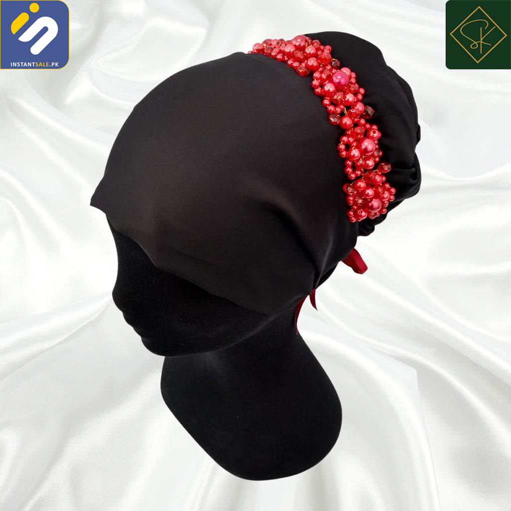 InstantSale.pk | SK Imported Red Elegant Bridal Wedding Hair Accessories Crystal Pearl Flower Girl Hijab Headband Ribbon Headpiece Hair Jewelry Accessories