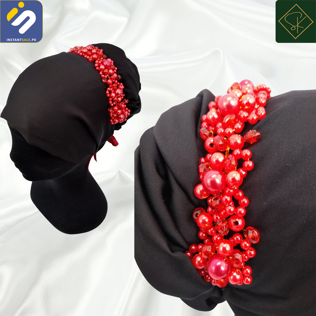 InstantSale.pk | SK Imported Red Elegant Bridal Wedding Hair Accessories Crystal Pearl Flower Girl Hijab Headband Ribbon Headpiece Hair Jewelry Accessories