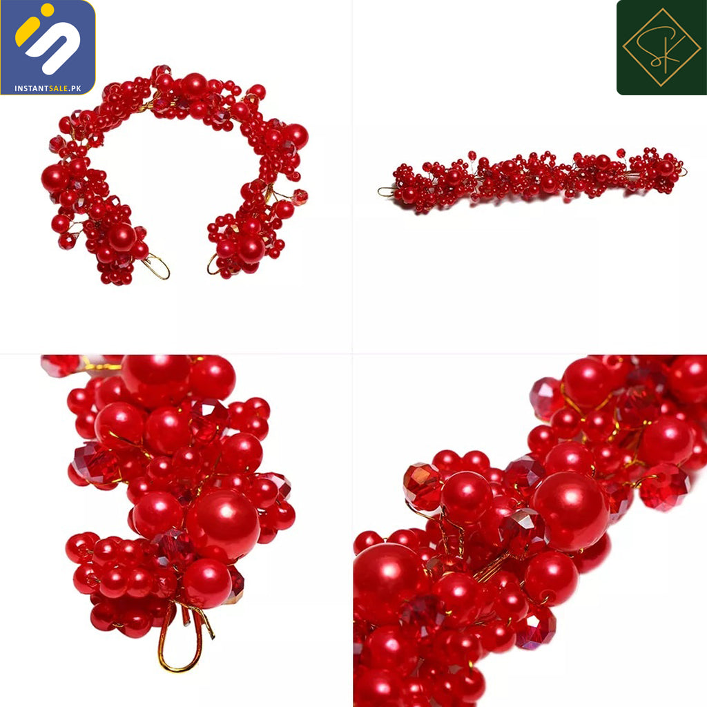 InstantSale.pk | SK Imported Red Elegant Bridal Wedding Hair Accessories Crystal Pearl Flower Girl Hijab Headband Ribbon Headpiece Hair Jewelry Accessories